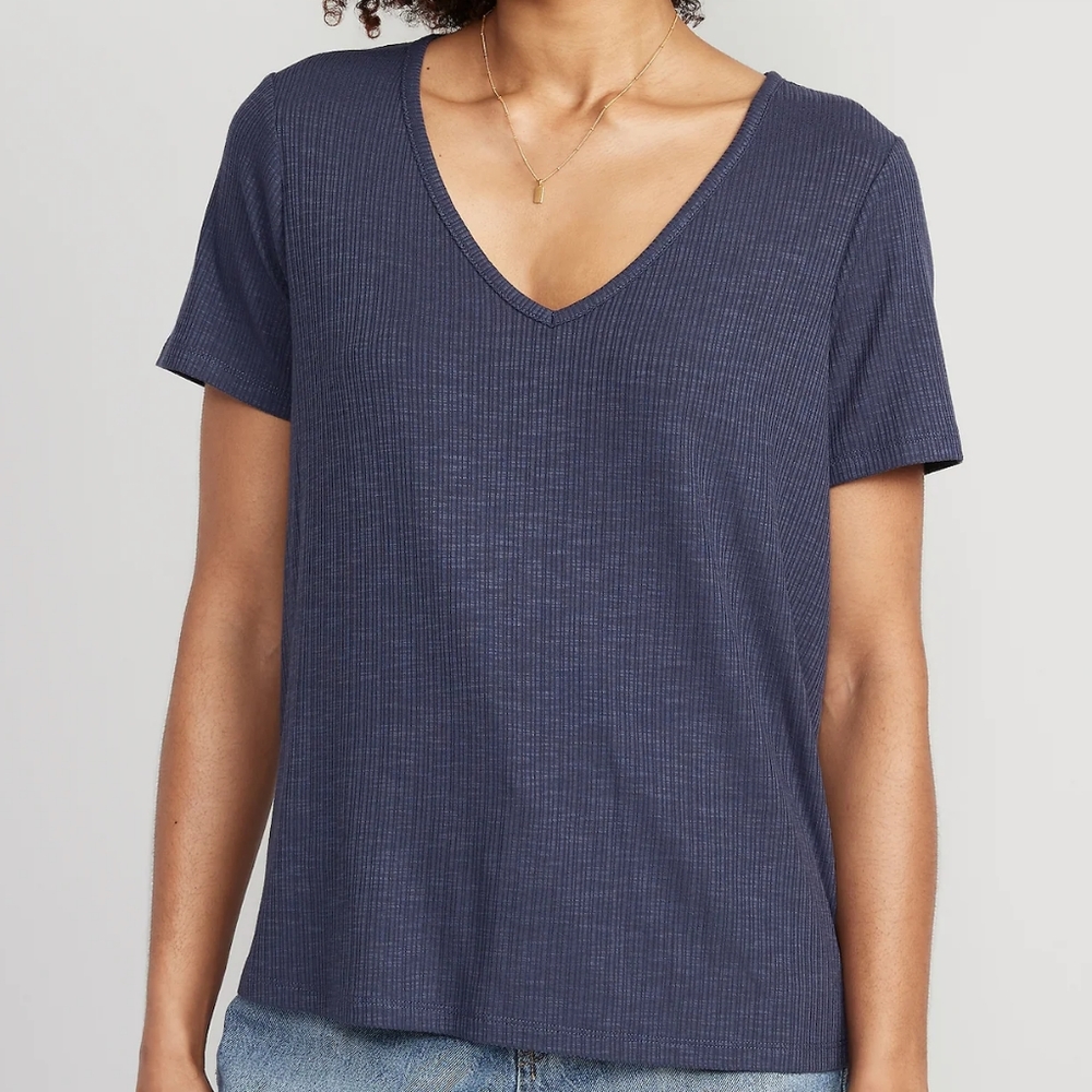 Luxe V-Neck Ribbed Slub-Knit T-Shirt for Women, size medium tall